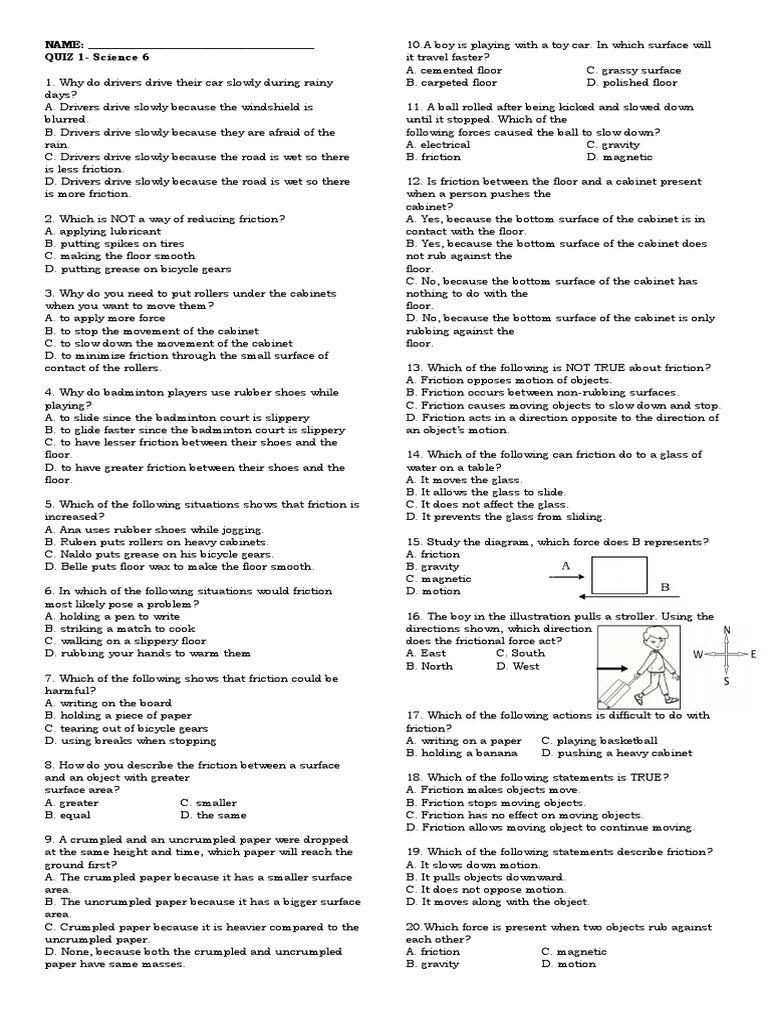 Friction And Forces Quiz Pdf Friction Mechanical Engineering