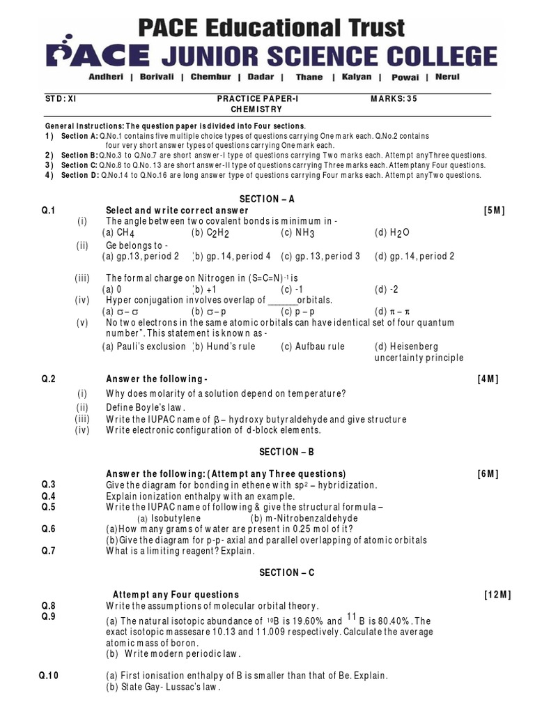 Class 11 Chemistry Practice Paper | PDF | Mole (Unit) | Physics