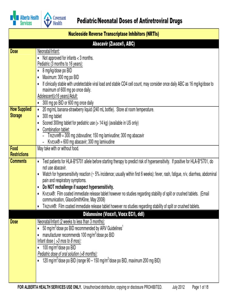 PediatricNeonatal ARV Dosing Alberta Jul12 PDF Management Of Hiv