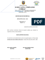 Unidad Educativa "Fernando Corral": Certificado de Matrícula