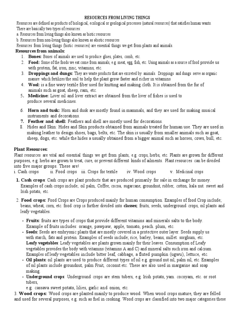 Note On Resources From Living And Non Living Things Pdf Foods