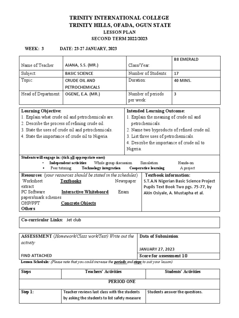 Crude Oil and Petrochemicals Lesson Plan | PDF | Petroleum | Lesson Plan