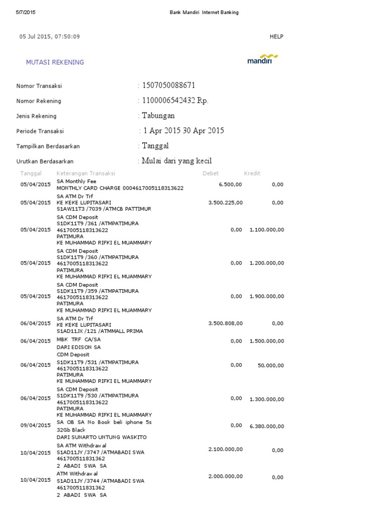 Mutasi Rekening Bank Mandiri April 2015 | PDF