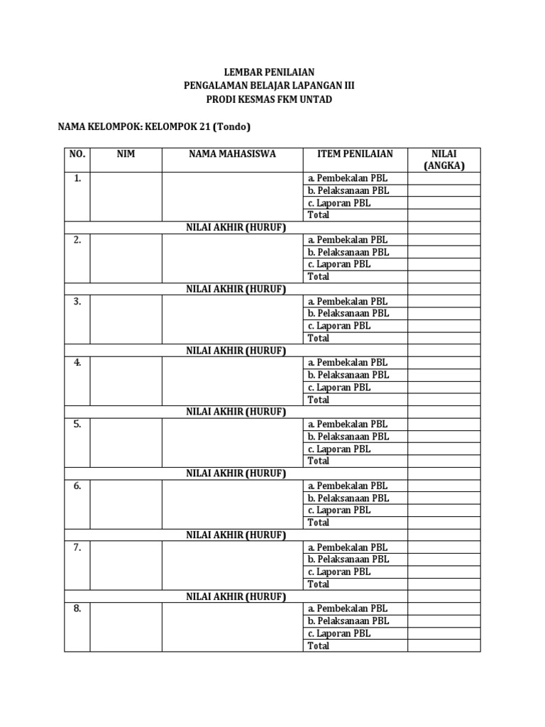 Form Penilaian PBL 3 | PDF