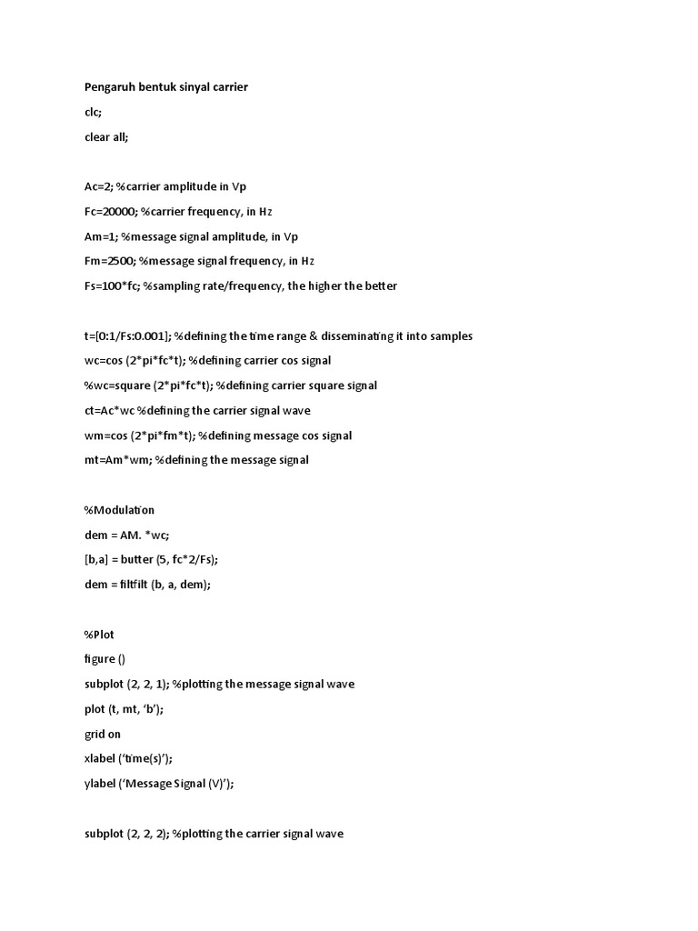 Script Modulasi Am | PDF | Frequency Modulation | Modulation