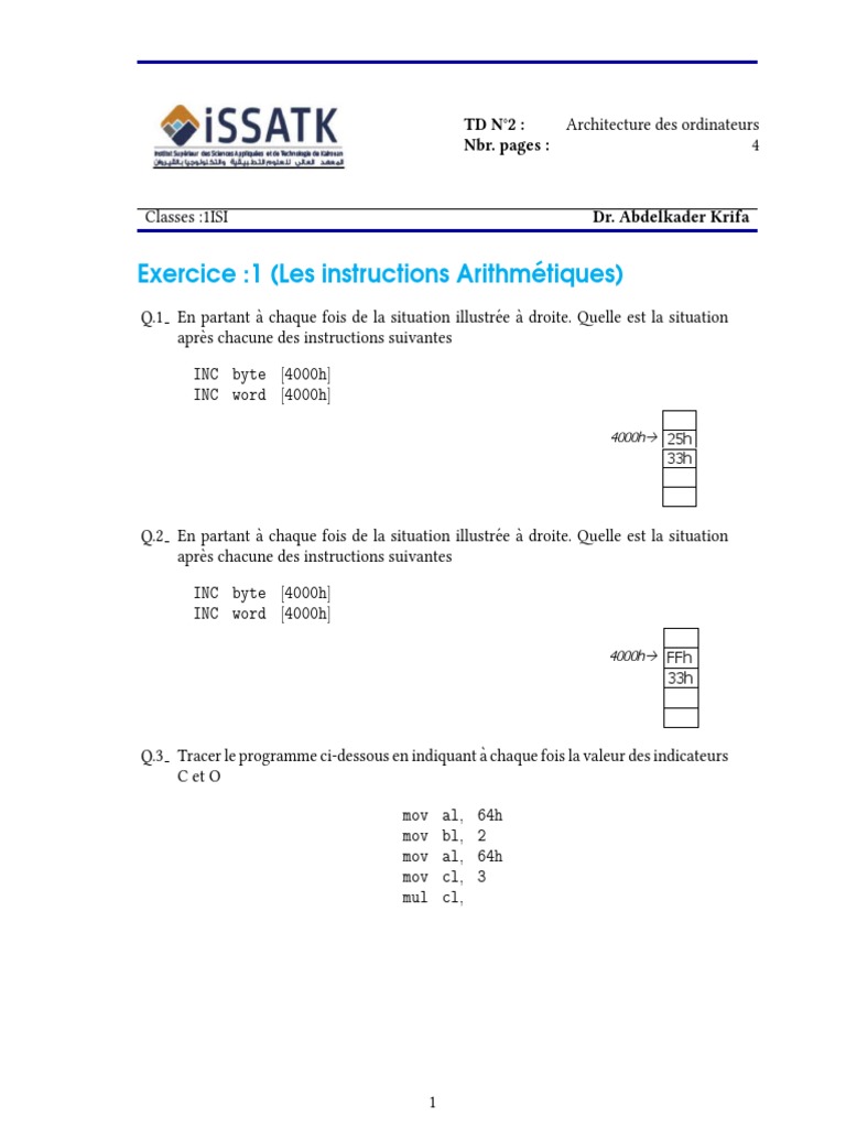 Instructions Arithmétiques et Logiques en Assembleur | PDF | Programme ...