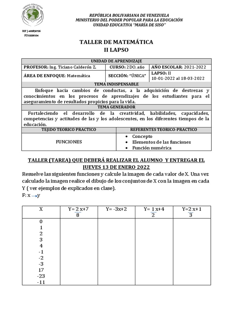 Taller de Matematica Funciones 2do. Lapso | PDF | Cognición | Aprendizaje