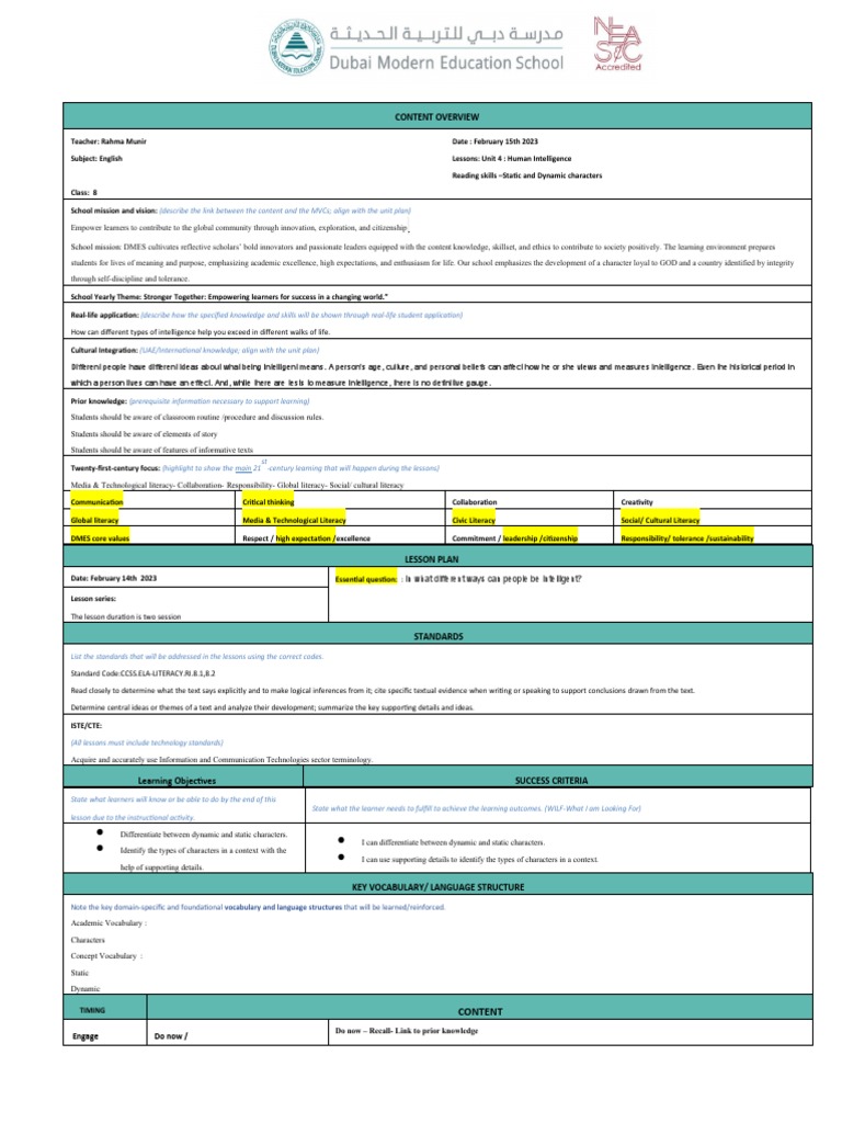 8A Lesson Plan - Reading Skills - Static, Dynamic Charchter | PDF ...