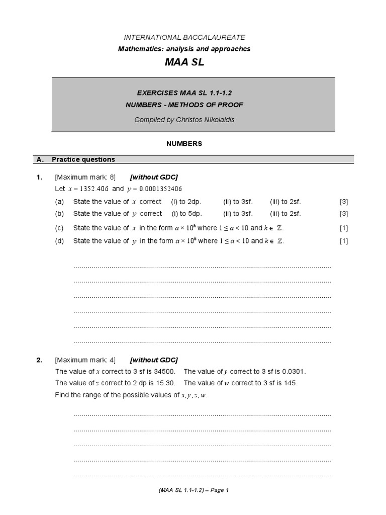 MAA SL Exercises: Numbers & Proofs | PDF | Area | Significant Figures