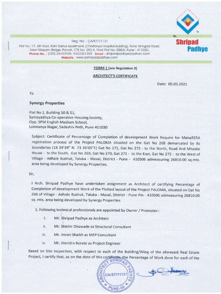 1 Architect's Certificate of Percentage of Completion of Work (Form 1