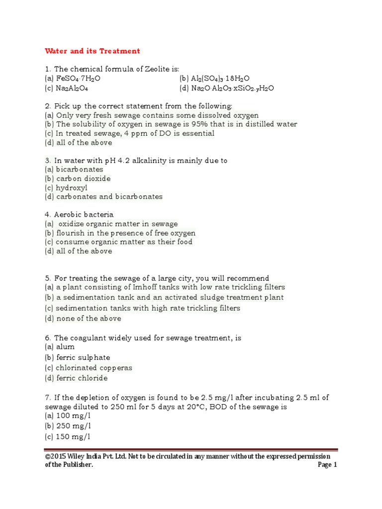 I. Water and Its TreatmentMCQs1 PDF Sewage Treatment Magnesium