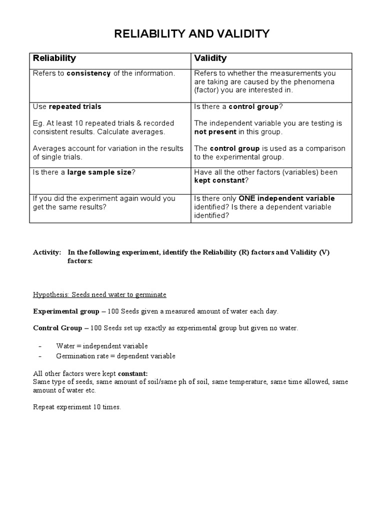 Reliability and Validity, Experimental Design PDF Experiment