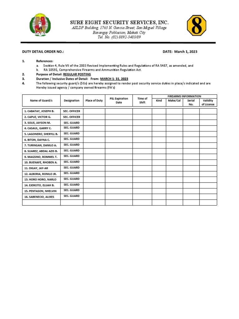 Duty Detail Order for Security Guards | PDF