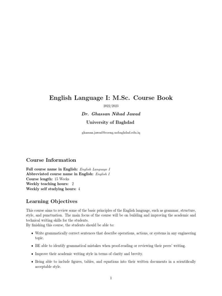 English Language I Course Book PDF | PDF | English Language | Grammar