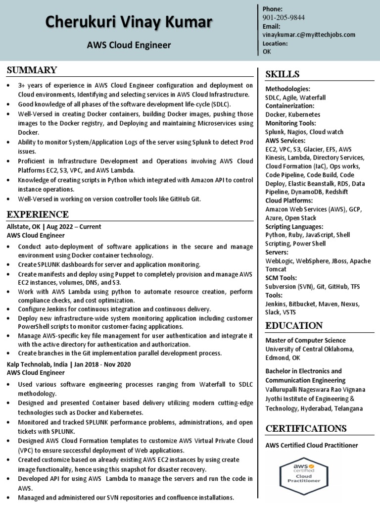 AWS Cloud Engineer Resume: Vinay Kumar | PDF | Amazon Web Services ...