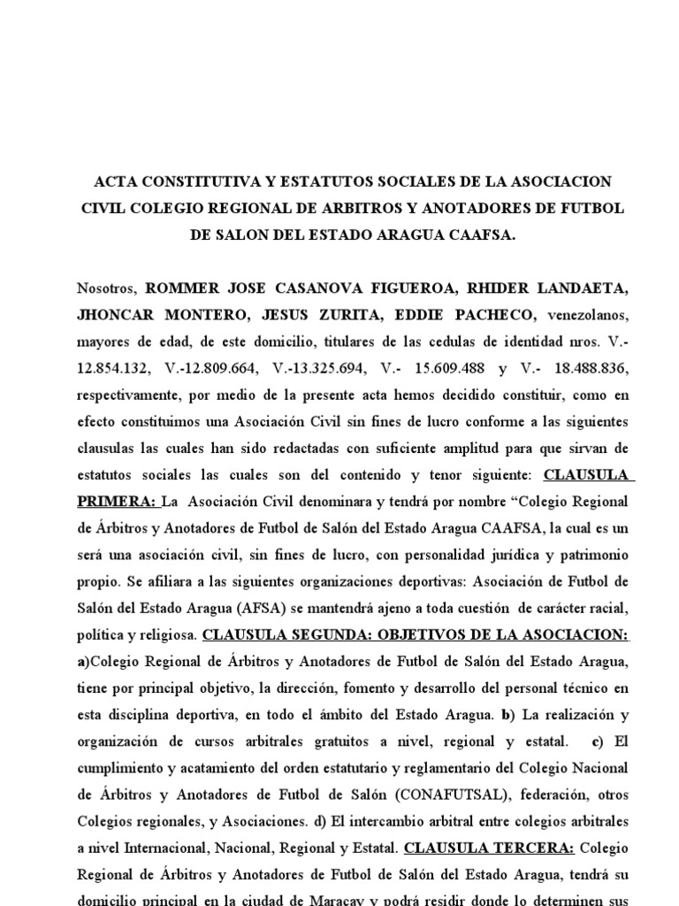 Acta Constitutiva y Estatutos de La Asociacion Civil Club de Beisbol Menor  | PDF | Asociación de Futbol | Estado (política)