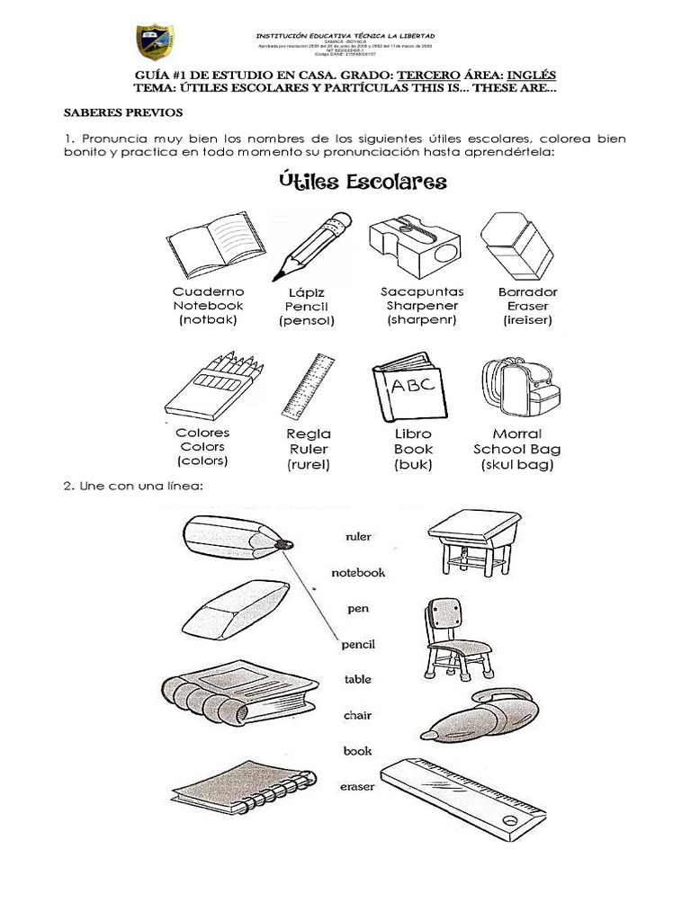✓ Los útiles escolares en inglés