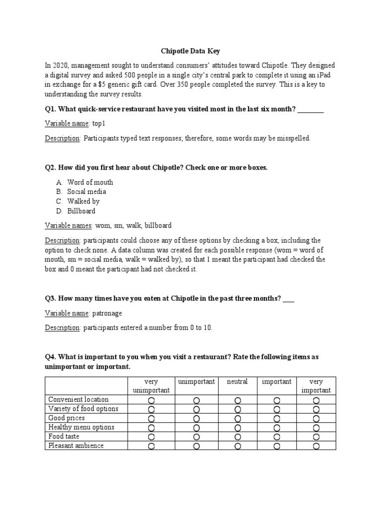 Chipotle Questionnaire Key PDF Chipotle Mexican Grill