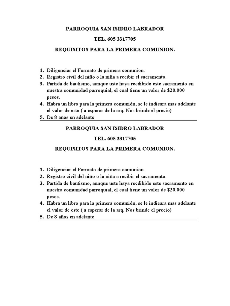 Requisitos para Primera Comunion PDF