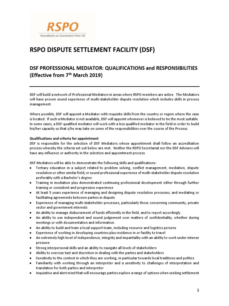 DSF Professional Mediator Qualifications and Responsibilities1 PDF