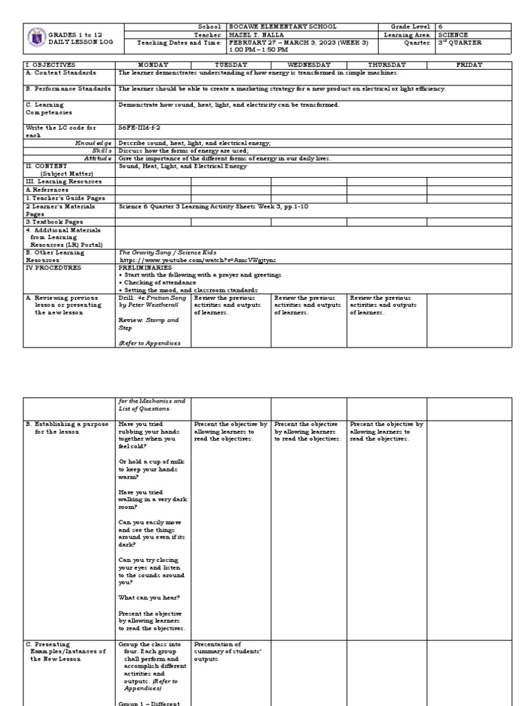 Grade 6 Science Daily Lesson Plan | PDF | Gravity | Force