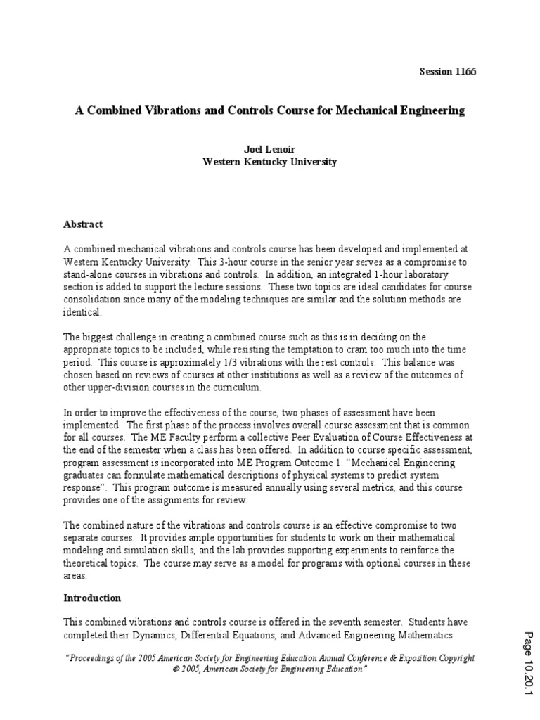 A Combined Vibrations and Controls Course For Mechanical Engineering PDF