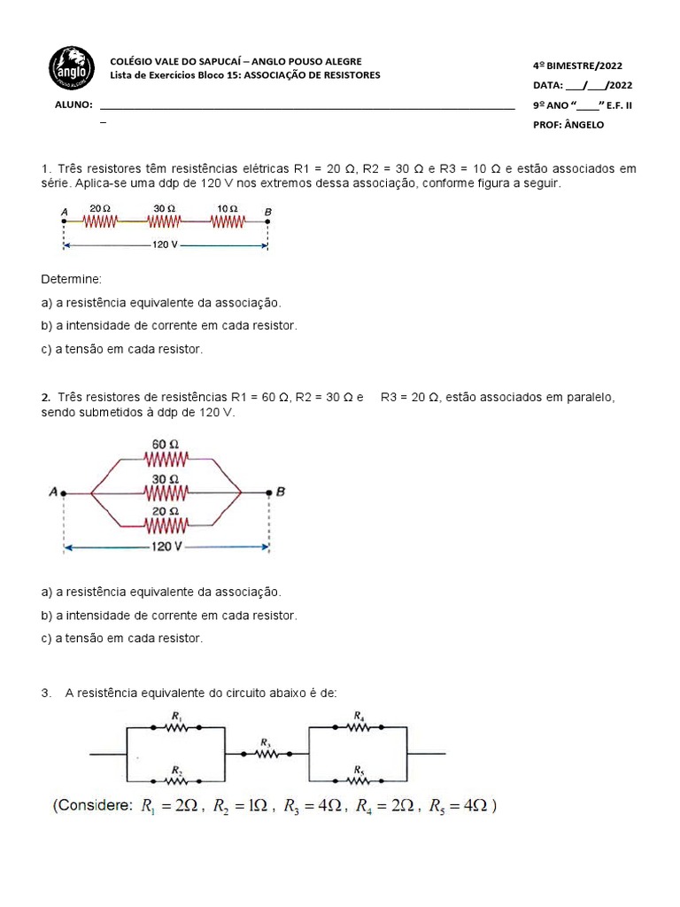Lista de Exercícios Bloco 15 - Associação de Resistores | PDF