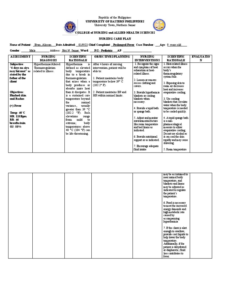 Nursing Care Plan for 9-Year-Old Male Presenting with Prolonged Fever ...