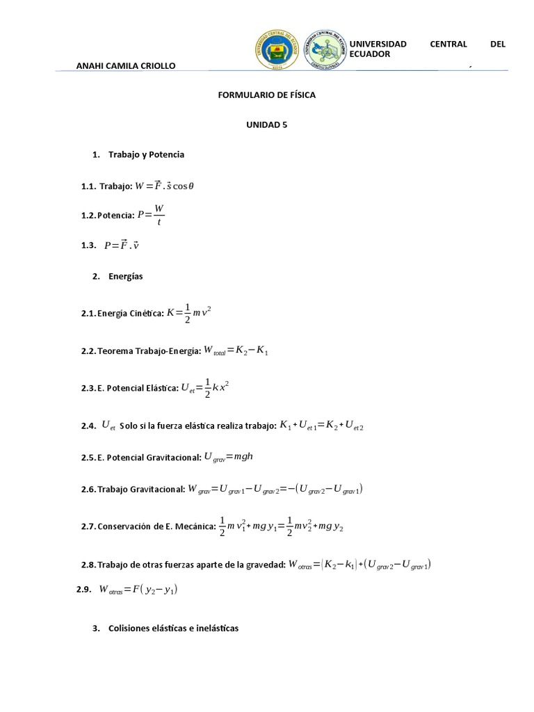 Formulario Unidad 5 | PDF | Física teórica | Metrología