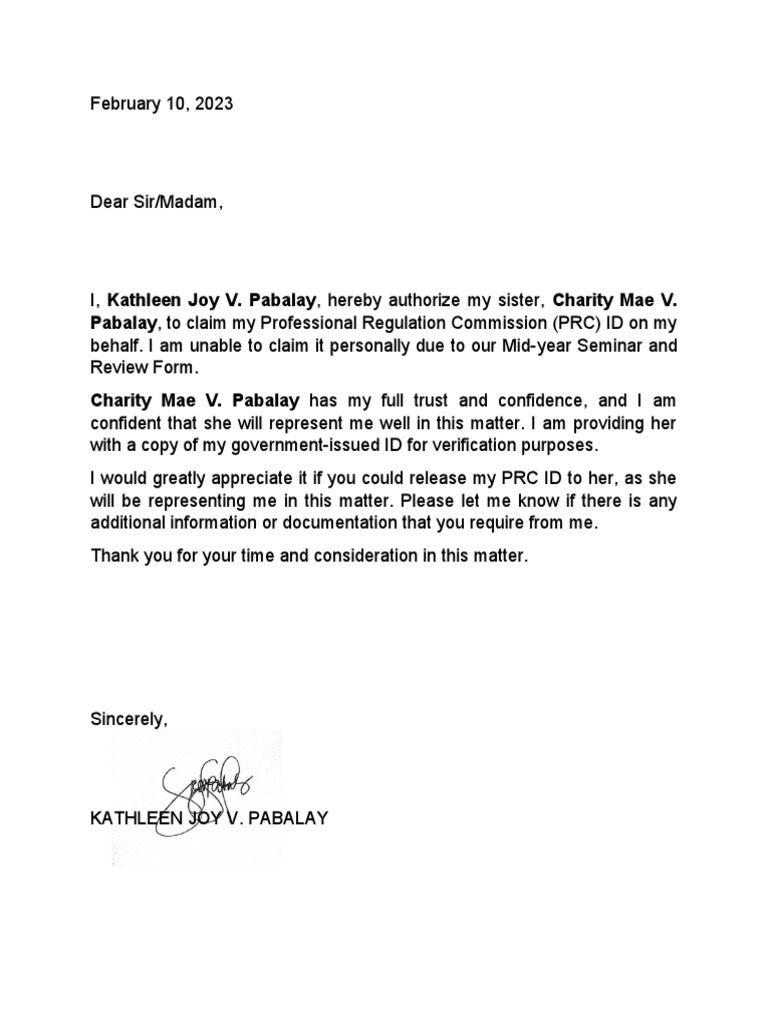 Authorization letter for sister to claim prc id on behalf of kathleen