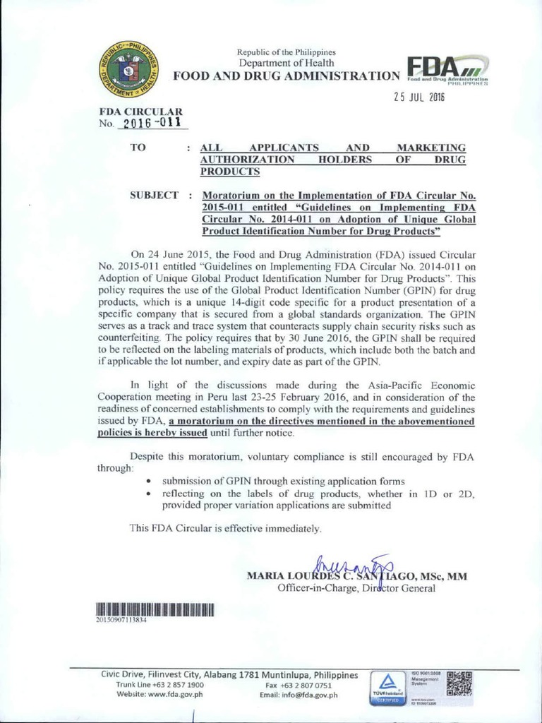 FDA Circular No. 2016 011 | PDF