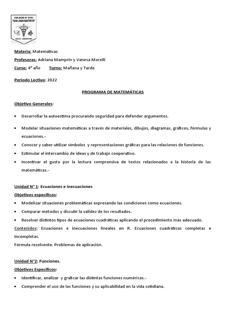 4° CO Programa de Mat 2022 PDF Ecuaciones Logaritmo