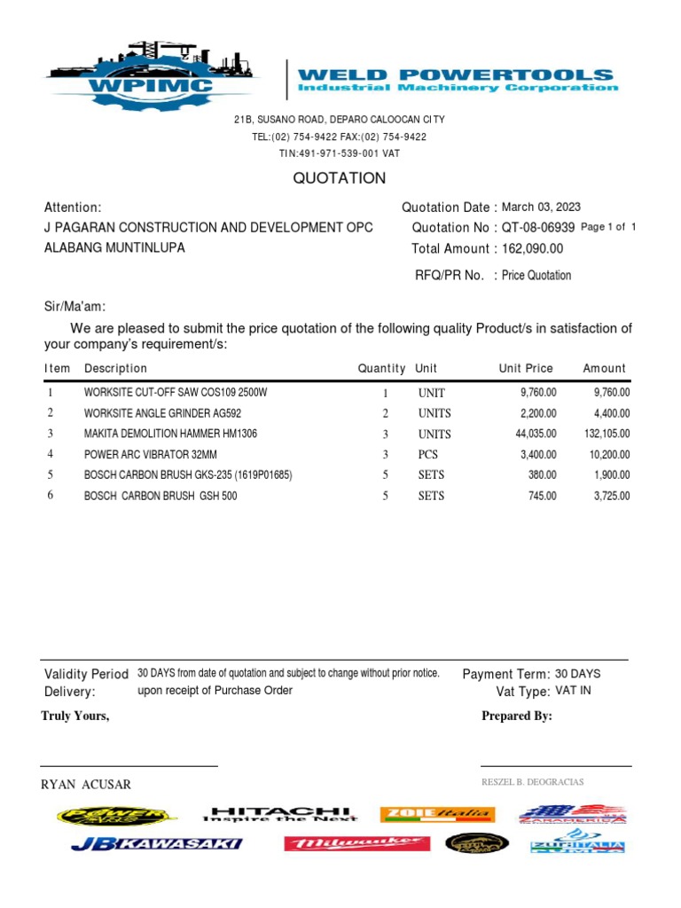 Price Quotation for Construction Tools | PDF