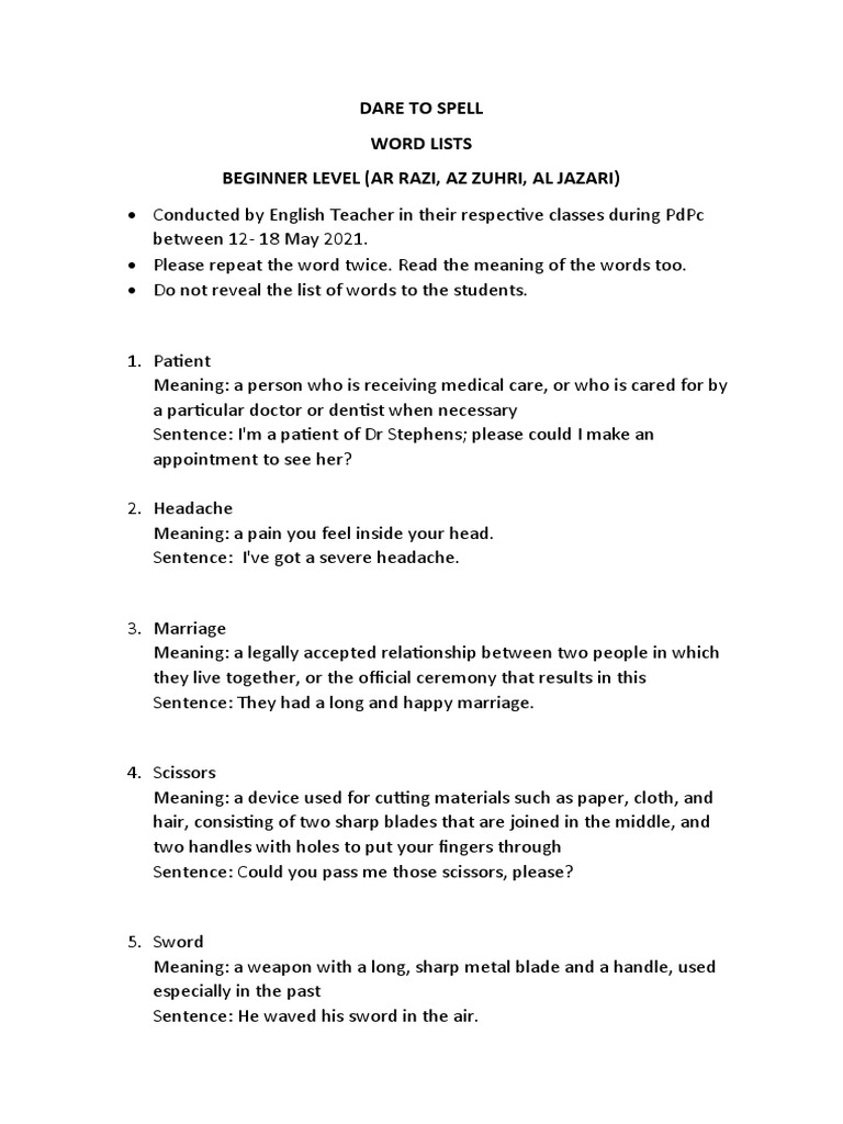 Spelling Bees Word Lists Beginner PDF Scissors