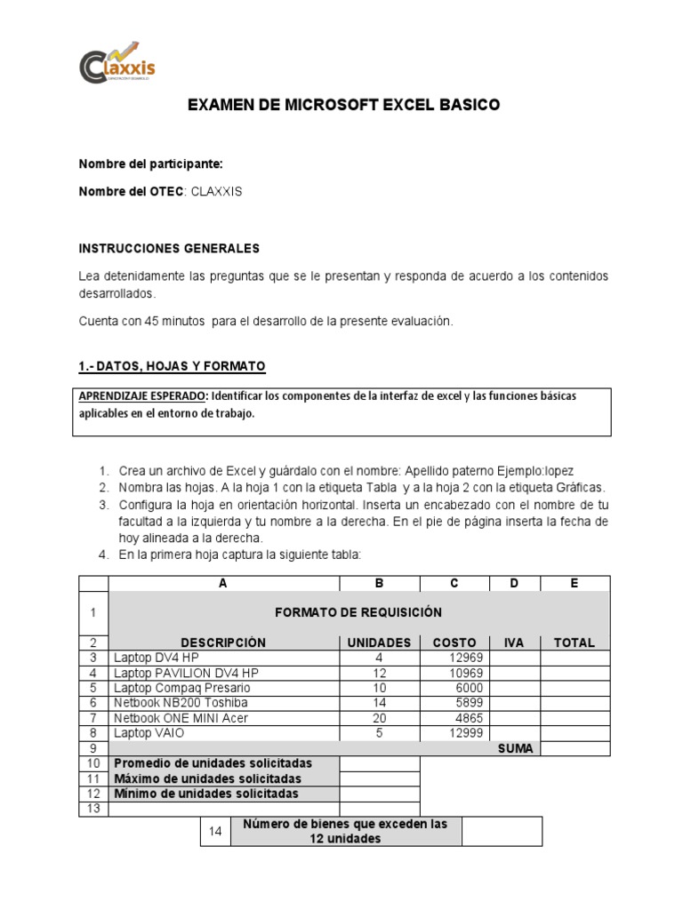 Examen Básico de Microsoft Excel | PDF | Microsoft Excel | Hoja de cálculo