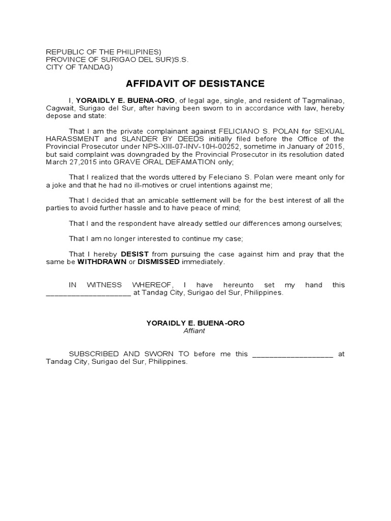 Affidavit of Desistance in Tandag Case | PDF | Law