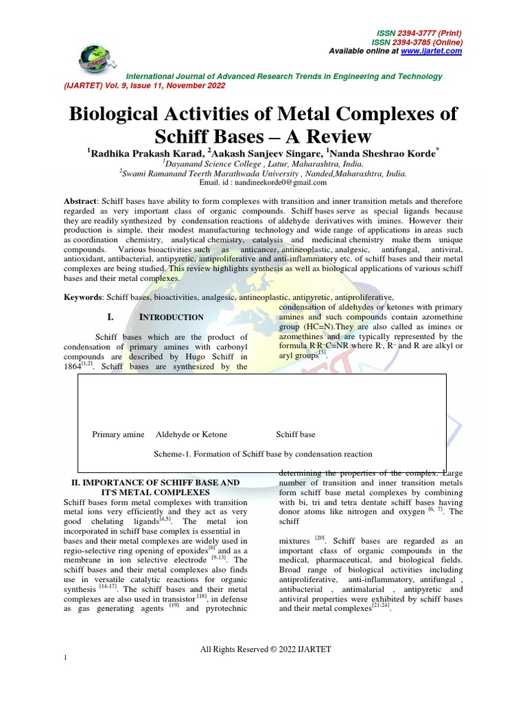 Biological Activities of Schiff Base Complexes | PDF | Coordination ...