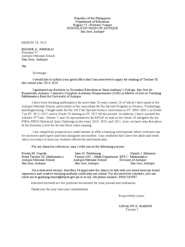Letter of Intent for Teacher III Ranking | PDF | Teachers | Mathematics