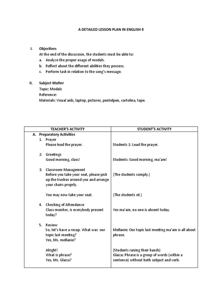 A Detailed Lesson Plan in English 9 | PDF | Lesson Plan | Behavior ...