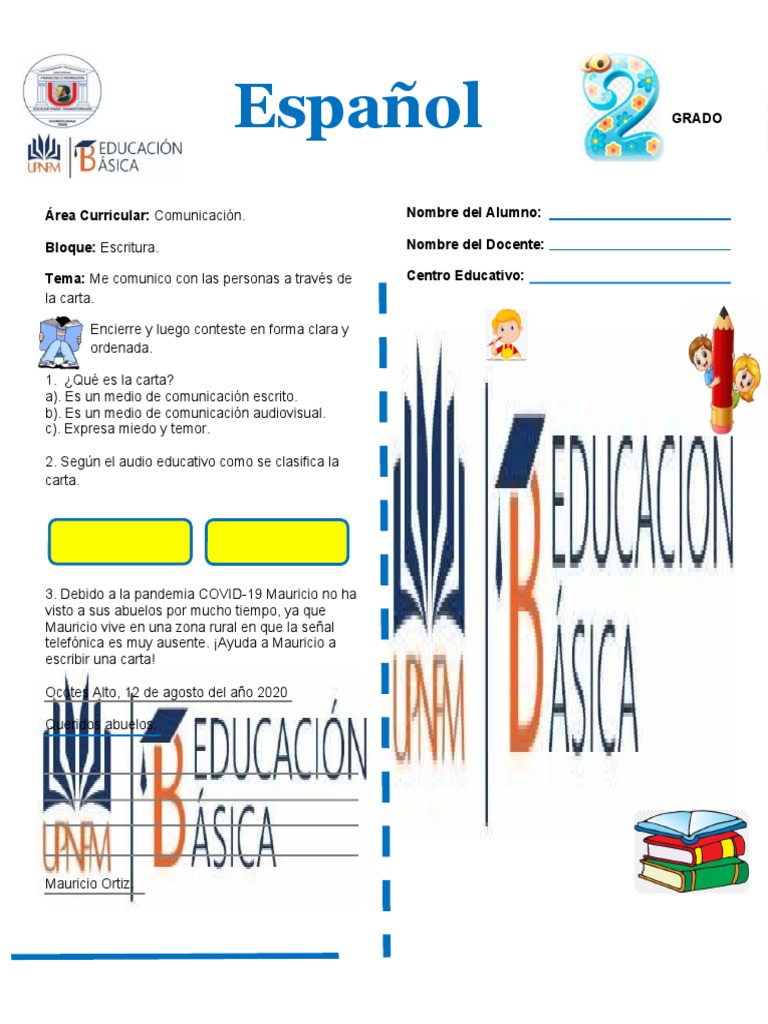 Hoja de Tabajo de Español (Me Comunico Con Las Personas A Traves de La Carta) PDF
