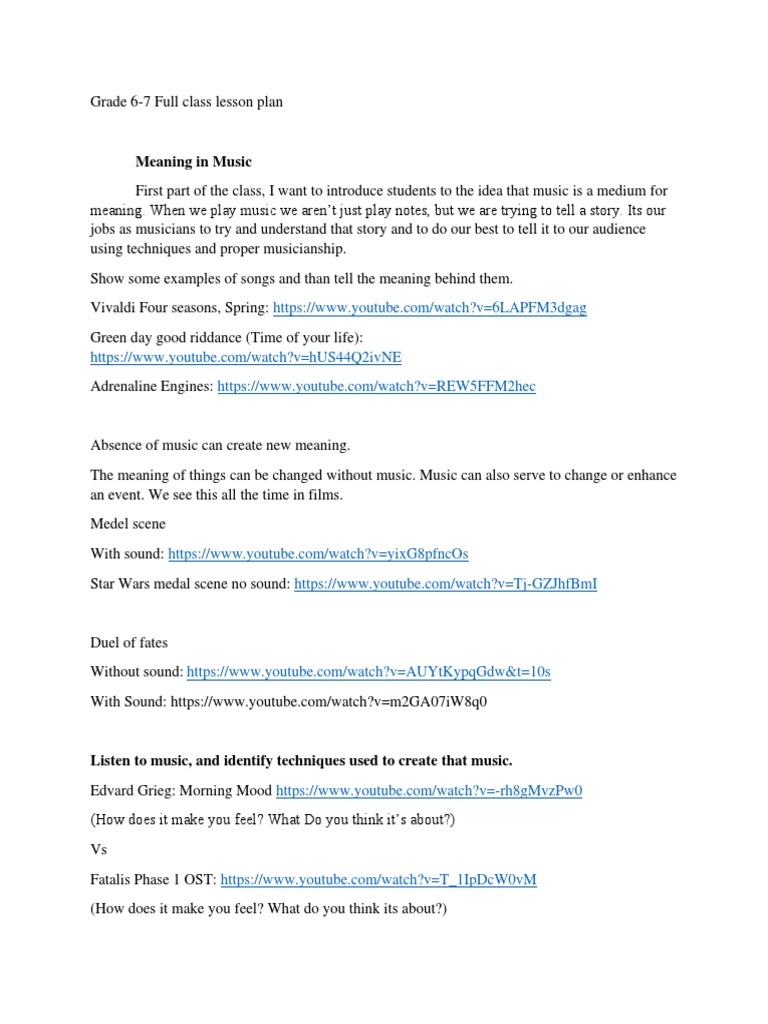 Grade 67 Meaning in Music Lesson Plan PDF Music Theory Musicology