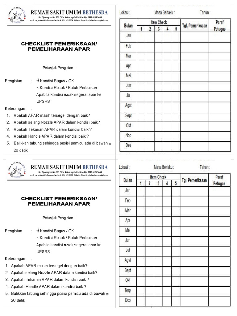 Checklist Pemeliharaan APAR | PDF | Memasak, Makanan, & Anggur | Sains ...