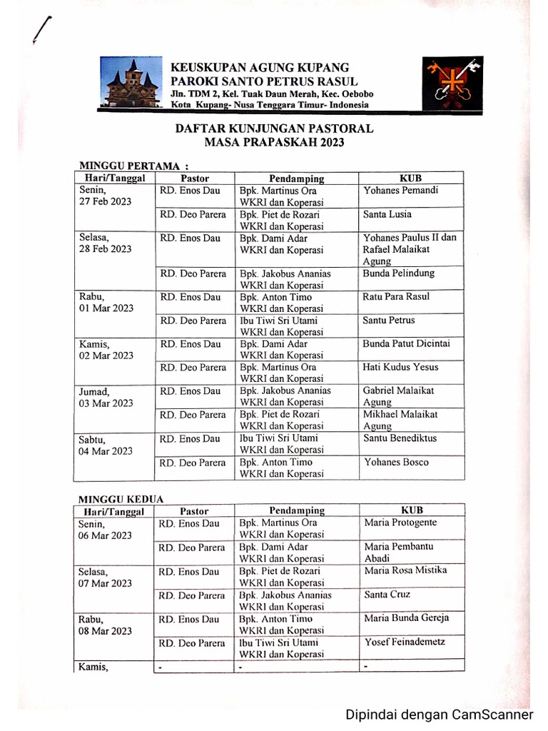 Jadwal kunjungan pastoral pdf