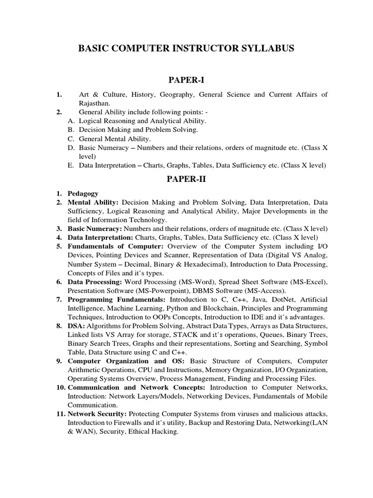 Syllabus Basic Computer Instructor PDF Databases Computer Network