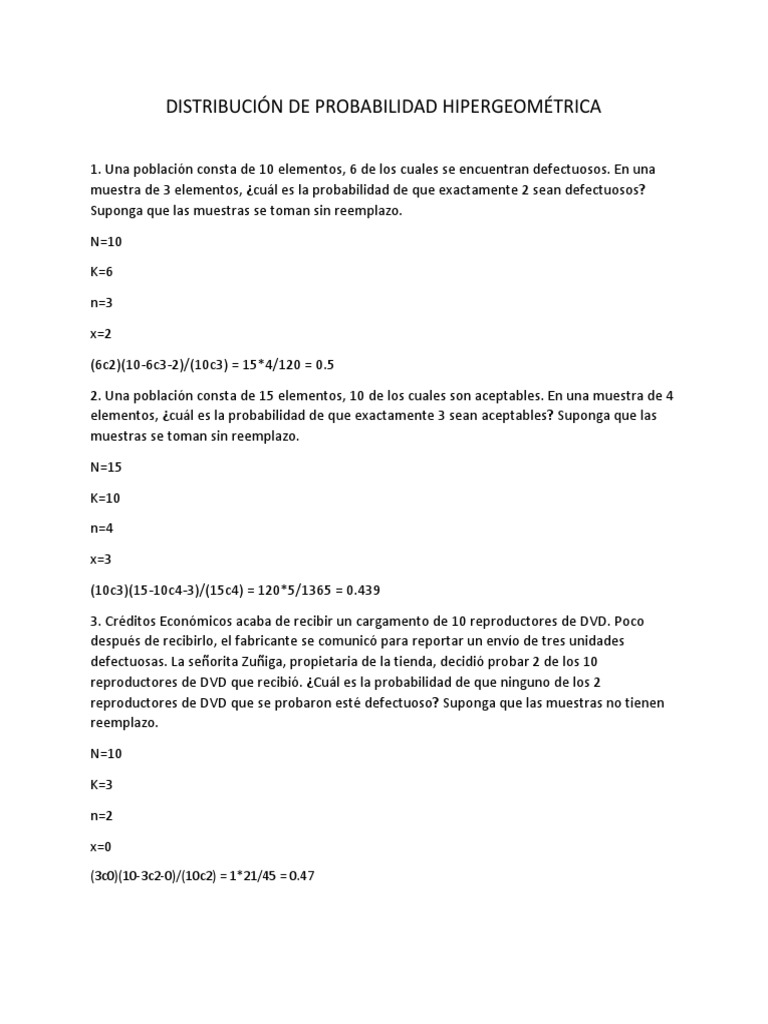EJERCICIOS Distribución de Probabilidad Hipergeométrica | PDF ...