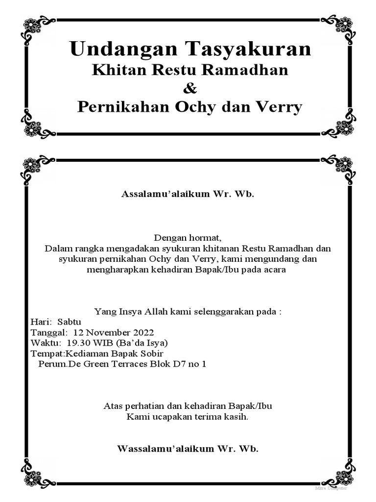 Contoh Undangan Acara Syukuran Khitanan 1 | PDF