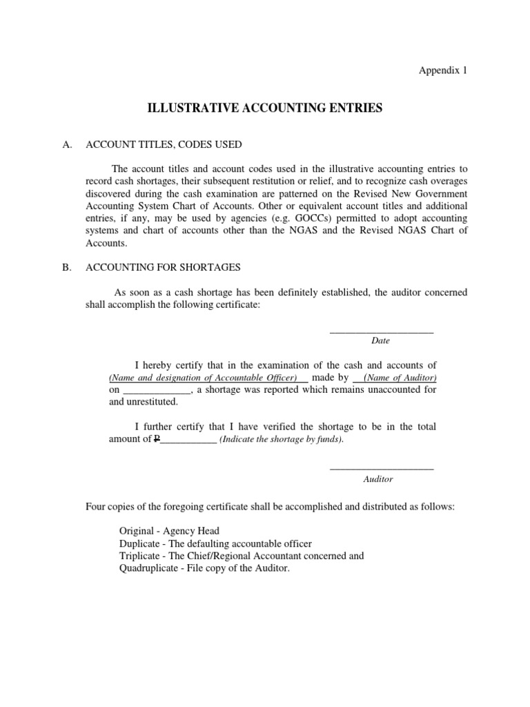 Illustrative Accounting Entries for Cash Shortages, Restitutions