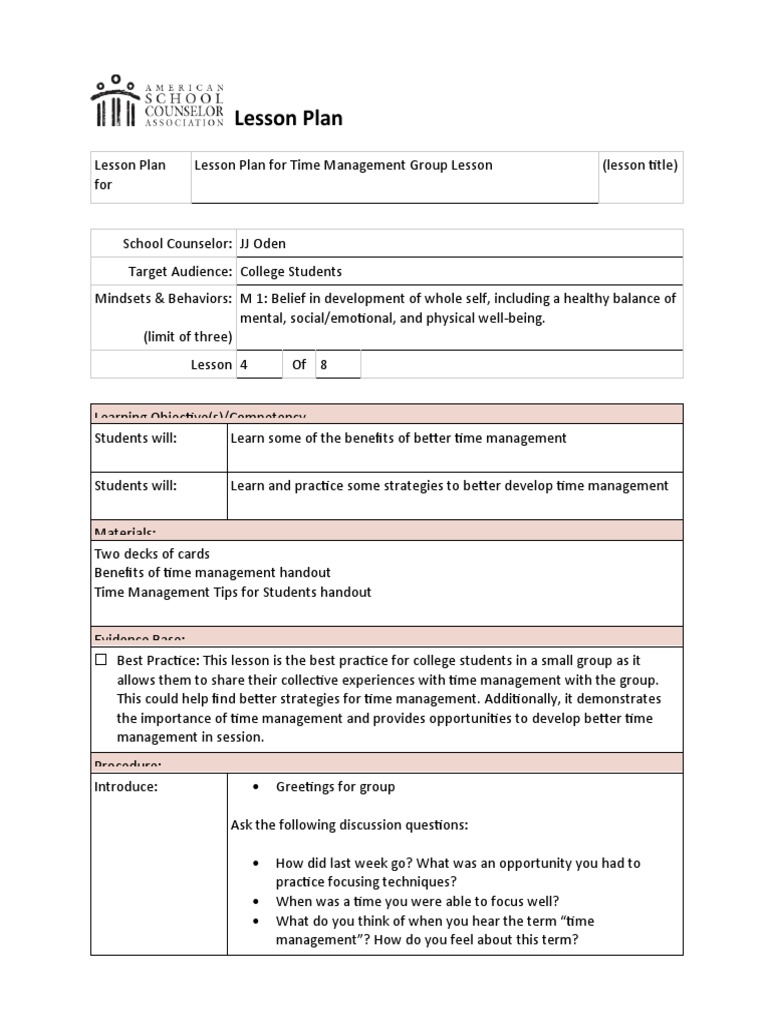 Time Management Lesson Plan PDF Professional Skills Time Management