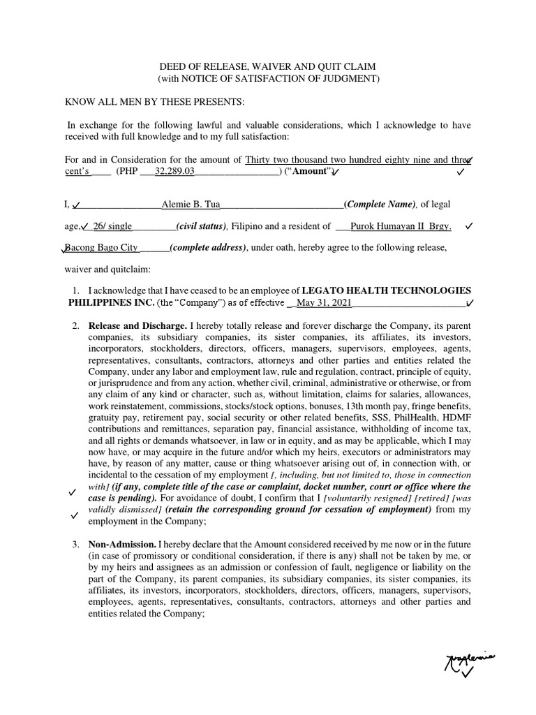 Quitclaim and Release Form | PDF | Employment | Non Disclosure Agreement