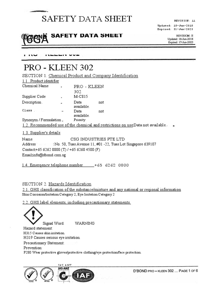 MSDS ProKleen 302 PDF Personal Protective Equipment Chemistry